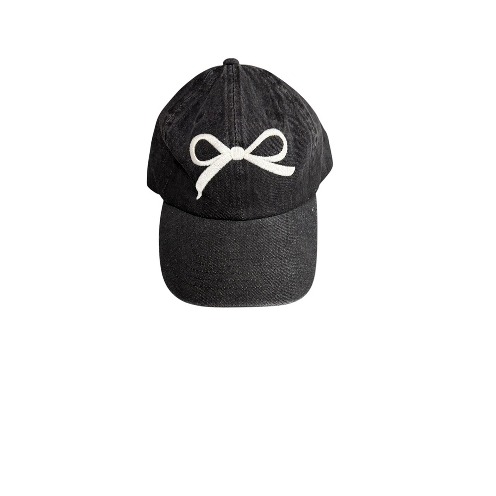 Newhattan Black Denim Baseball Cap with White Embroidered Bow Adjustable Hat